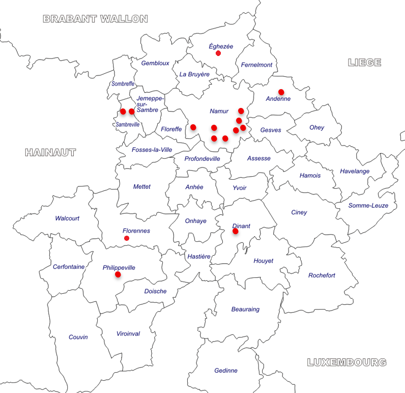 Carte des 14 établissements de la province de namur